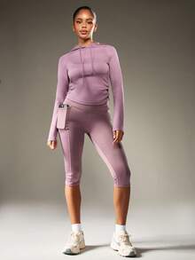 MISSGUIDED Performance High Rise Capri Leggings With Phone Pocket Moisture Wicking Athletic Running Training Yoga Pants Breathable Workout Fitness Wear - Purple - View 1