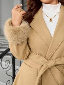 Calvaya Plus Size Plus Size Waist Pocket Splice Faux Fur Jacket - Khaki - View 7