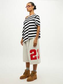 SUMWON WOMEN Off Shoulder Striped Top Oversized Casual Loose Fit Statement Sleeve Side Twist Detail Crop Design Street Style Everyday Wear - Black and White - View 7