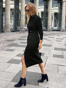 Livesso Women's Stand Collar Split Hem Fitted Knit Dress Fall/Winter