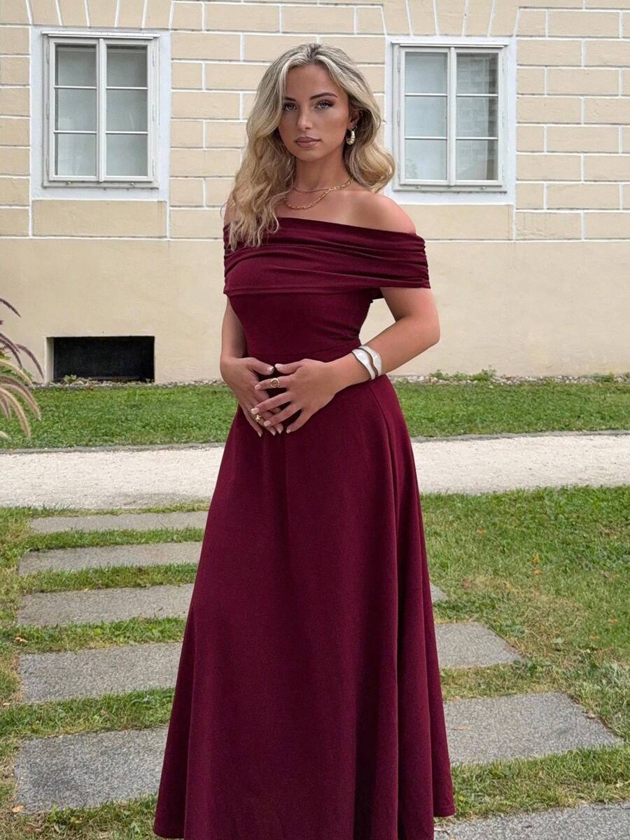 Jeta Ari 女士优雅简约精致浪漫时尚派对度假通勤露肩高腰 A 字长裙，灰色长裙 - 酒紅色 - 查看 1