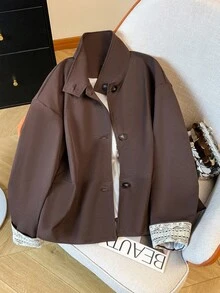 GlowEve Lace Splice Stand Collar Casual Short Women Trench Coat - Coffee Brown - View 3