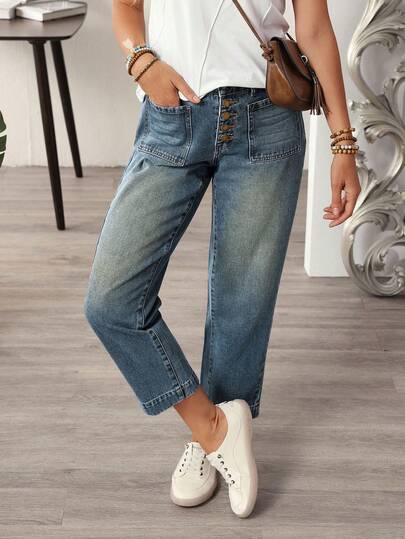 EMERY ROSE 大码女式休闲日常纽扣口袋牛仔裤