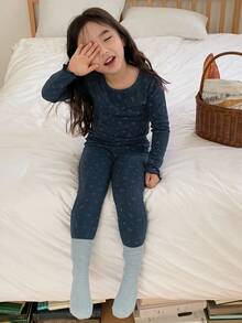 DAZY 2pcs Young Girl Girls Ditsy Floral Long Sleeve Knit Top And Pants Homewear Set, Fall - Navy Blue - View 8