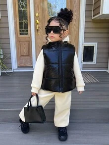 SHEIN 年轻女孩可爱休闲连帽运动衫和羊毛背心两件套，适合秋冬季 - 黑色 - 查看 5