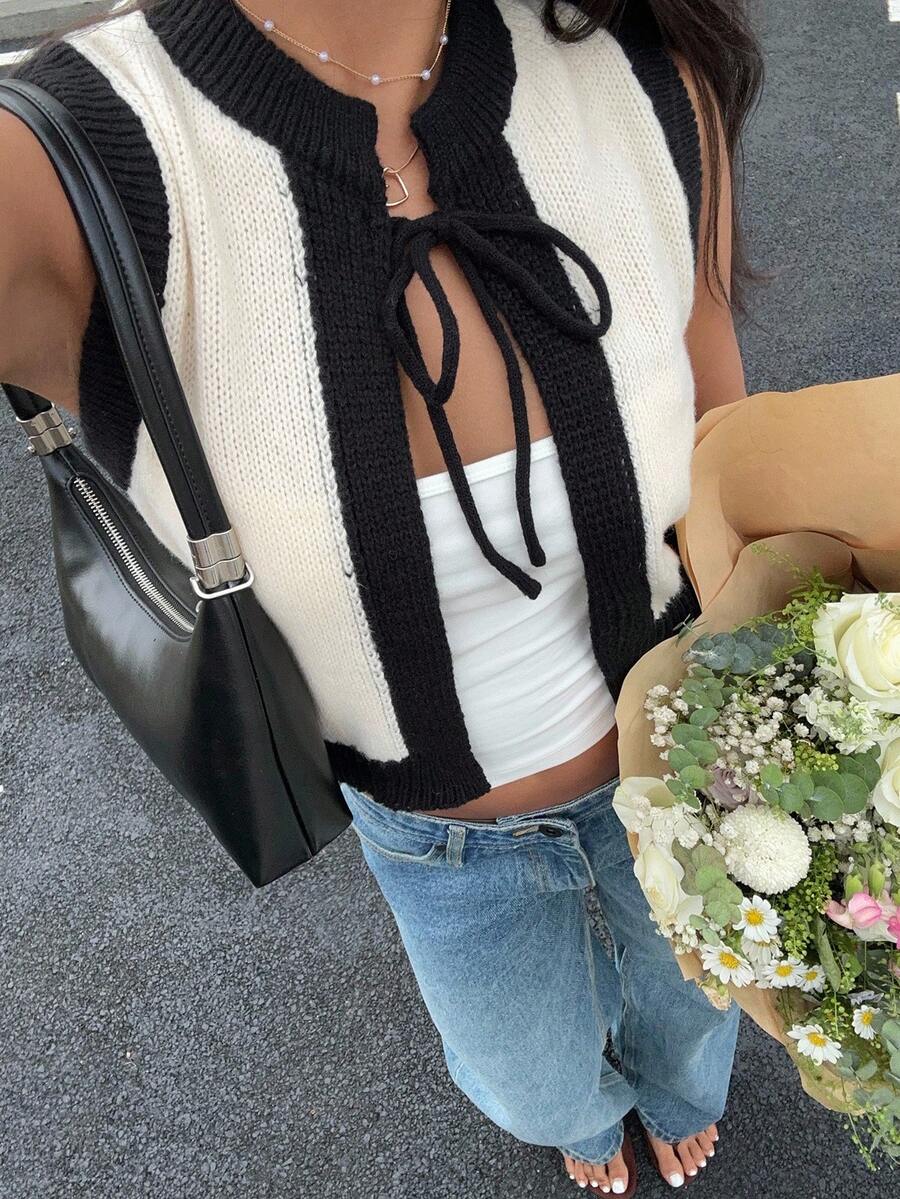 Serisse Damen Herbst Kontrast Farbe Vorne Binden Lässige Gestrickte Weste