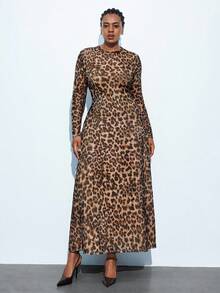 Maija Plus Size Women's Elegant Brown Leopard Print Maxi Dress, Autumn High Waist A-Line Fitted Gown,Night Out Club Party Holiday Vacation Outfit - Multicolor - View 4