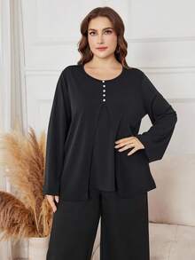 Lacomfia 2pcs/Set Plus Size Solid Color Round Neck Long Sleeve Top And Elastic Waist Wide Leg Pants, Casual Outfit For Spring/Autumn - Black - View 1