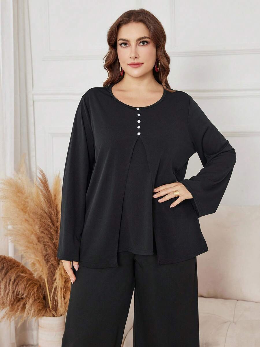 Lacomfia 2pcs/Set Plus Size Solid Color Round Neck Long Sleeve Top And Elastic Waist Wide Leg Pants, Casual Outfit For Spring/Autumn - Black - View 1