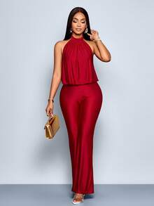 SOLERSUN Tuta elegante e alla moda da donna, di colore tinta unita, con collo alla halter e senza maniche - Bordò - Visualizzare 8