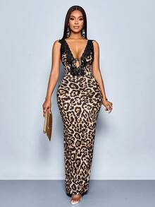 SOLERSUN Váy midi ôm không tay họa tiết da báo ren màu tương phản cổ chữ V sâu cho nữ, thanh lịch khi đi làm, hẹn hò thường ngày, ngày lễ tình nhân lãng mạn gợi cảm, tiệc tùng không tay thời trang xuân hè (hoa ngẫu nhiên) - màu nâu - Xem 3