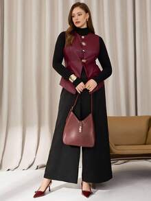 Auralis Christmas Plus-Size Women's Burgundy PU Red Top,Autumn Elegant Formal Metal Buckle Waistcoat,Office Commuting Suit Top,Cute PU Clothing Winter - Burgundy - View 5