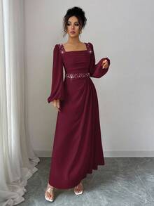 Elenzga Elegant Romantic Pearl Decor Waist Fit & Flare Crew Neck Long Sleeve Dress, Suitable For Party And Gathering - Burgundy - View 5