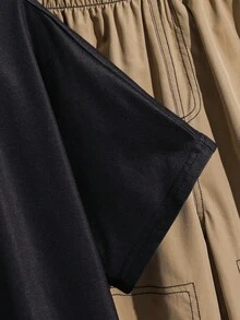 SHEIN 2 件青少年男孩舒适宽松圆领酷炫肖像图案短袖 T 恤和工作服裤子，适合夏季休闲运动度假派对学校场合 - 卡其色 - 查看 4