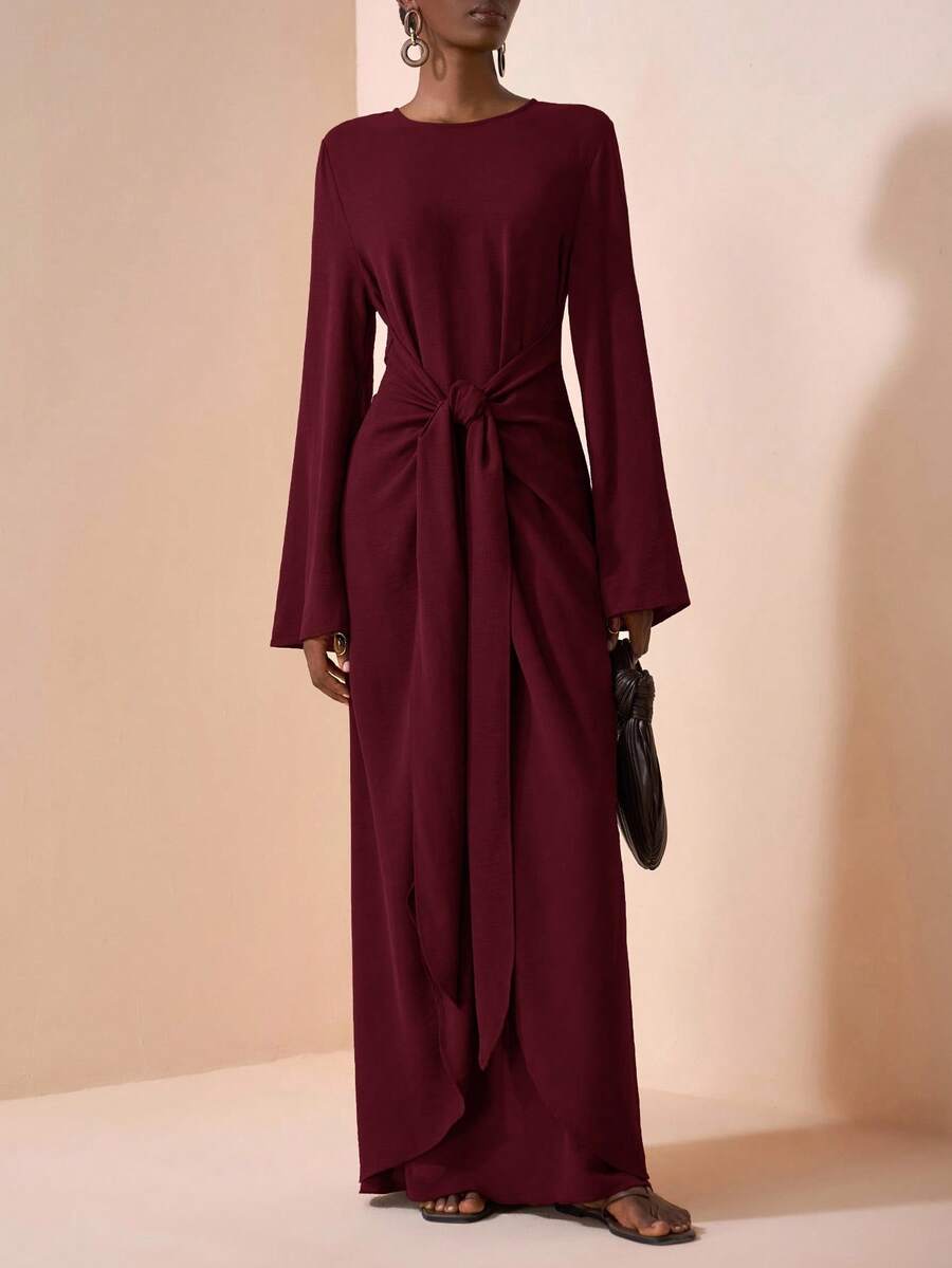 Zivah 2025夏初秋新款，适合生日派对，毕业季，日常出游，百搭，休闲度假，邮轮旅行，沙滩海边沐浴阳光，网络热销，休闲优雅，通勤派对，圆领，长袖，喇叭袖口，腰带设计，修身超长连衣裙，女士棕色长裙-A - 酒紅色 - 查看 1