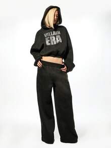 SUMWON WOMEN Oversized Rhinestone Villain Era Statement Hoodie With Drawstring For Women Winter Streetwear - Black - View 3