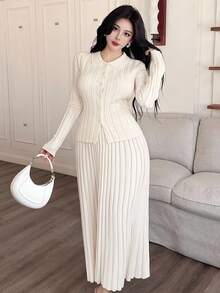 DAZY 女士优雅纯色翻领开衫和裙子两件套，秋季 - 米色 - 查看 3