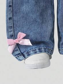 Girls' Jeans, New Autumn/Winter Item, Light Washed Blue Y2K Cute Bow Decor Wide Leg Comfortable Cotton Jeans, 2025 Autumn/Winter New Arrival, Suitable For Daily Outings Girls Wide Leg Jeans