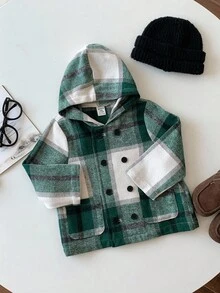 Baby Jungen/Mädchen karierte doppelreihige Kapuzenjacke aus Wollmischung in Mittellänge, lässig und vielseitig für Zuhause undOutdoorn, koreanischer Stil Baby Jungen Jacke in grünem Karomuster, Baby Jungen Jacke, Baby Jungen doppelreihige Jacke, Herbst Winter Kleidung für Kinder - Verschiedenfarbig - Übersicht 3