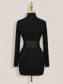 SHEIN ICON Mesh Patchwork Sheer Ruched Long Sleeve Mini Dress