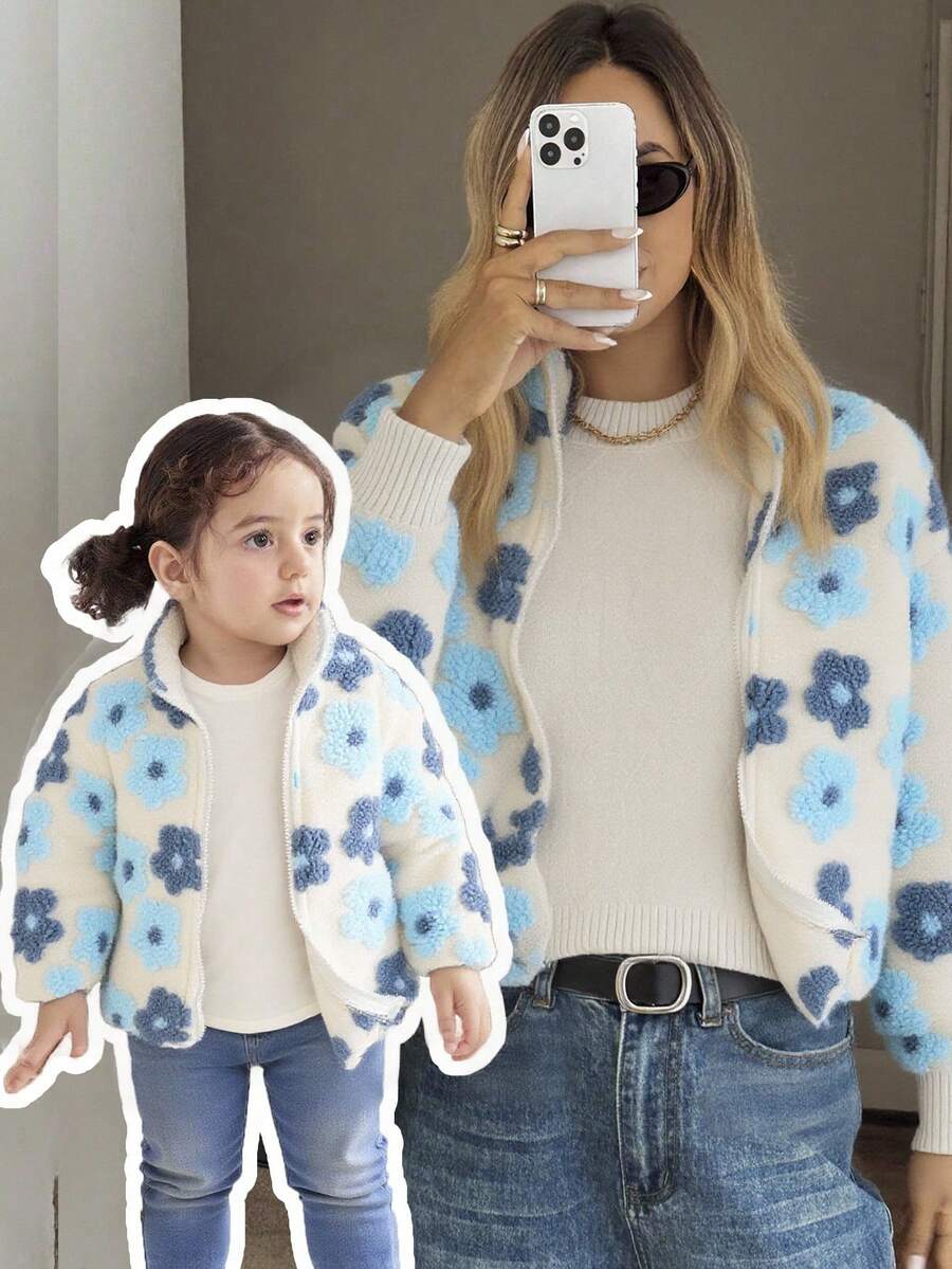 SHEIN Babygirl Floral Pattern Stand Collar Jacket, Versatile For Autumn/Winter Fall - Blue - View 1