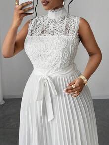 SHEIN CURVE+ Đầm xòe xếp ly không tay cổ đứng cỡ lớn cho nữ, có khóa kéo phía sau và thắt lưng, đầm dự tiệc thanh lịch - trắng - Xem 3