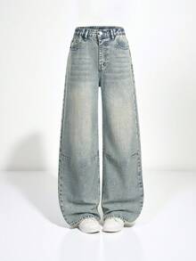 SHEIN Sparklyn Jeans anchos de pierna recta con diseño de pespunte de contraste amarillo y lavado azul, de ajuste holgado, para niñas. Adecuados para salidas casuales y uso al aire libre en primavera, otoño e invierno