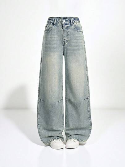 SHEIN Sparklyn Girls' Fashionable Yellow Contrast Stitching Design Washed Blue Straight Leg Loose Fit Casual Wide Leg Jeans, Suitable For Spring, Autumn, Winter Casual Outings And Outdoor Wear Fall