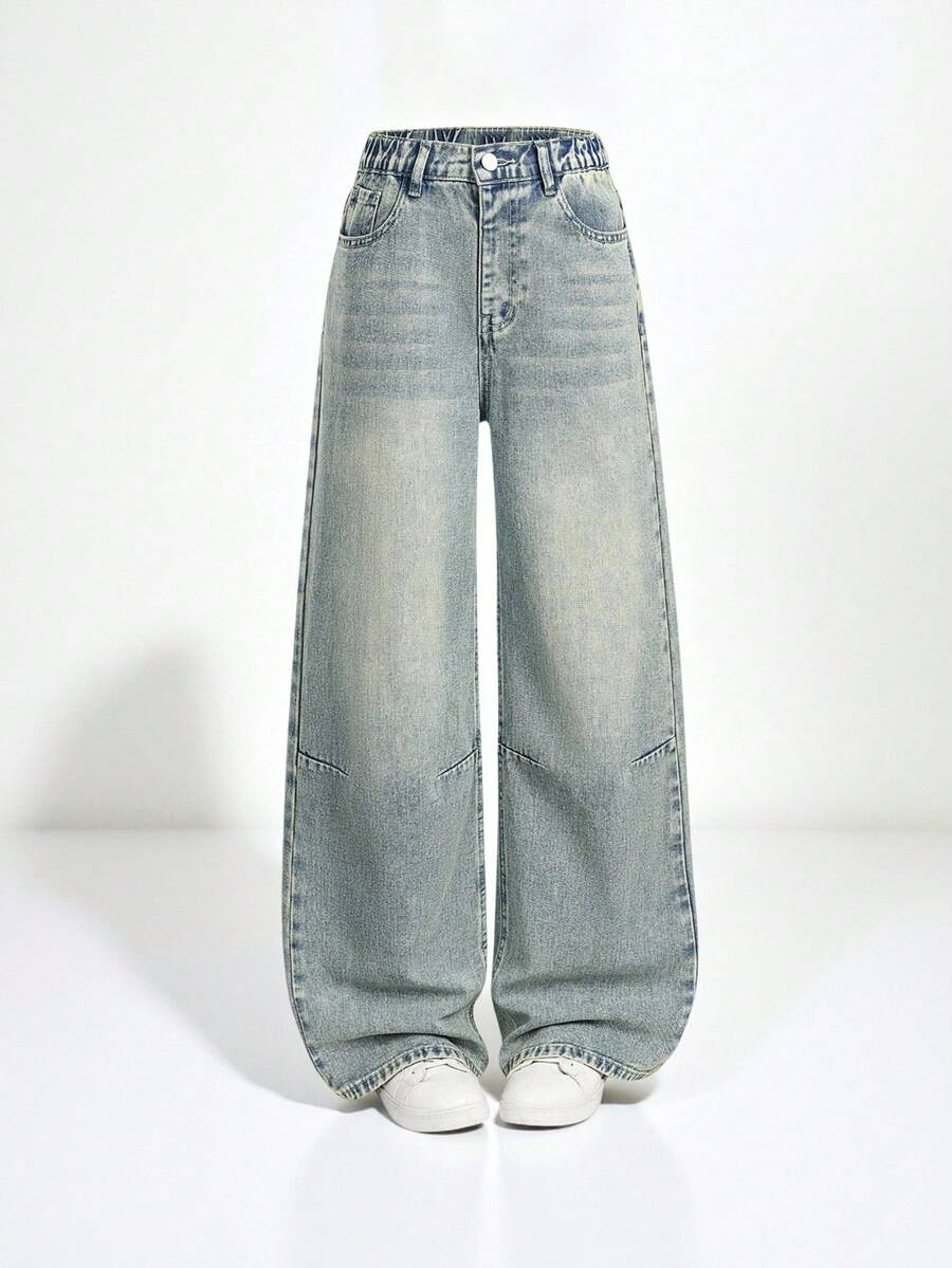 SHEIN Sparklyn Jeans anchos de pierna recta con diseño de pespunte de contraste amarillo y lavado azul, de ajuste holgado, para niñas. Adecuados para salidas casuales y uso al aire libre en primavera, otoño e invierno