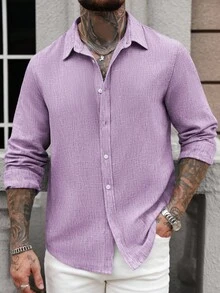 Manfinity CasualCool Men Single-Breasted Casual Linen Long Sleeve Shirt, Textured Boho Shirt, Fall - Purple - View 5