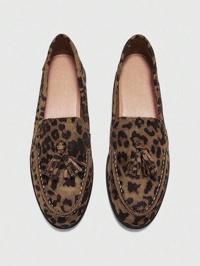 CUCCOO BIZCHIC Modne damskie mokasyny z frędzlami i nadrukiem w panterkę, wygodne, płaskie, odpowiednie na wakacje, na co dzień i do codziennych dojazdów