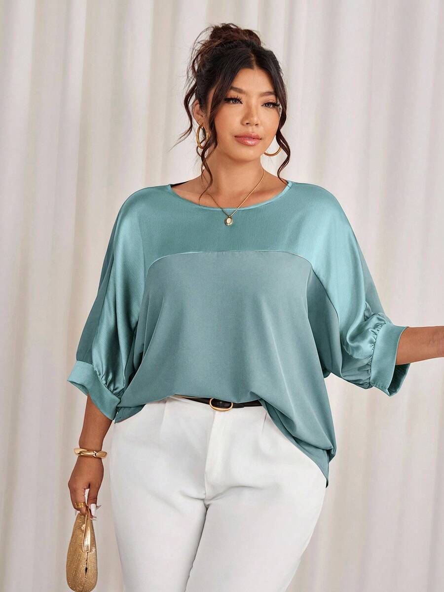 Cravure Áo thun chui đầu tay raglan cổ tròn tay 3/4 vải kim loại chắp vá màu cỡ lớn dành cho đi chơi, đi nghỉ, đi làm, tiệc tùng - Màu xanh ngọc - Xem 1