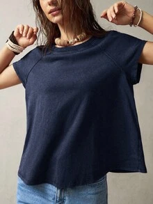 Bohemela 女式休闲纯色短袖T恤，夏季 - 藍色 - 查看 4