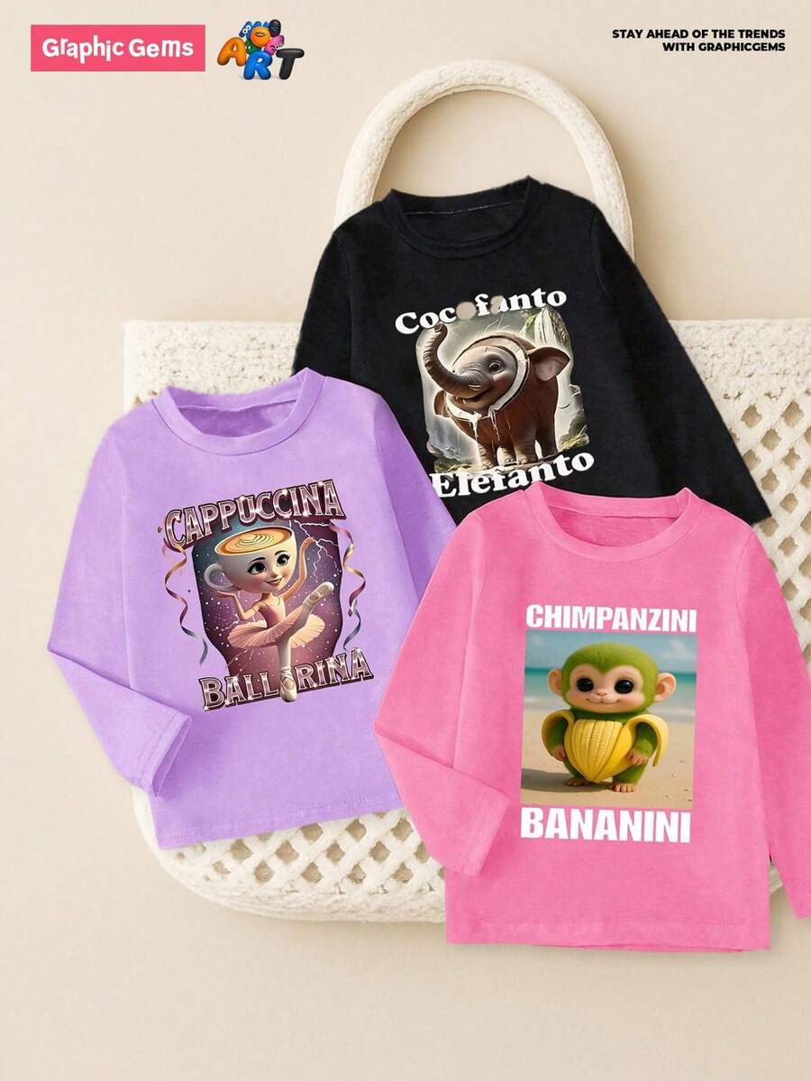 3 Stücke Lässig Mode Süße Cartoon Lustige Cappuccino Ballerina Tänzer Langarm T-Shirts für Kleine Mädchen, mit Kokosnuss Elefant, Bananen Gorilla, Cappuccino Ballerina Tänzer Motiven, Rundhals Langarm T-Shirts in Rosa, Lila und Schwarz für Herbst/Winter - Verschiedenfarbig - Übersicht 1