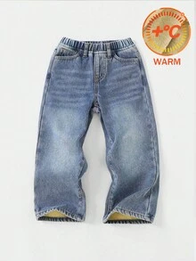 SHEIN Young Boy Casual Soft Distressed Fashionable Stonewashed Thermal Lined Loose Fit Baggy Jeans,Casual And Versatile For Fall/Winter Dailywear And Streetwear Costume,For Halloween And Christmas,Jeans,Jeans,Winter Jeans - Medium Wash - View 9
