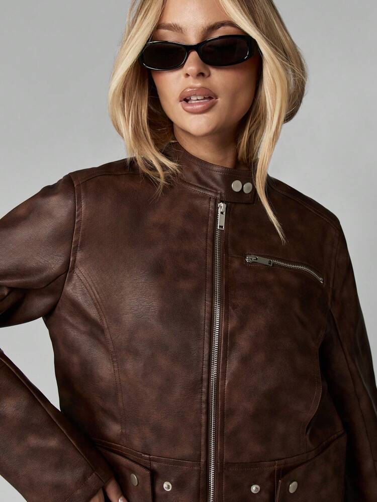 MISSGUIDED Women Brown Leather Motorcycle Jacket Classic Biker Zip Up Fall Winter Cropped Fashion Moto Coat Vintage Style Rock Punk Streetwear