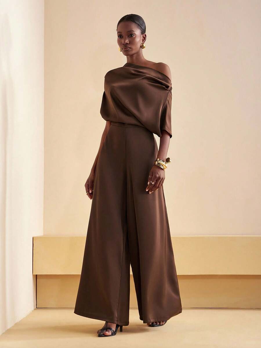 Zivah 2025 Autumn New Music Festival, Easter, St. Patrick's Day, Western, Nomadic, Birthday Party, Graduation, College Style, Student Wear, Casual Everyday, Basic Versatile, Leisure, Vacation, Cruise Travel, Beach, Sunbathing, Viral , Streetwear, Wedding Guest Boho, Commute, Brunch, Airport, Party, Holiday Outings, Elegant Banquet Asymmetrical Shoulder Asymmetric Design Satin Jumpsuit Wide Leg Pants With Pockets - Brown - View 1