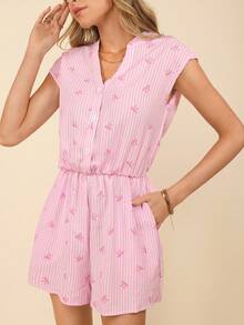 Coeurva Mono casual de mujer con estampado abstracto, mono corto de manga corta básico para salidas, primavera y verano, vacaciones y uso diario - Rosa - Ver 4