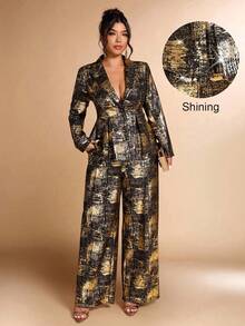 Cravure Christmas Plus Size Women Metallic Foil Elegant Suit Set, Suitable For Party And Office, Autumn/Winter - Multicolor - View 1