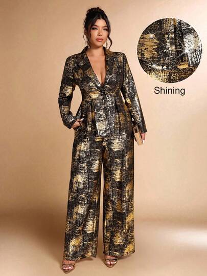 Cravure Christmas Plus Size Women Metallic Foil Elegant Suit Set, Suitable For Party And Office, Autumn/Winter