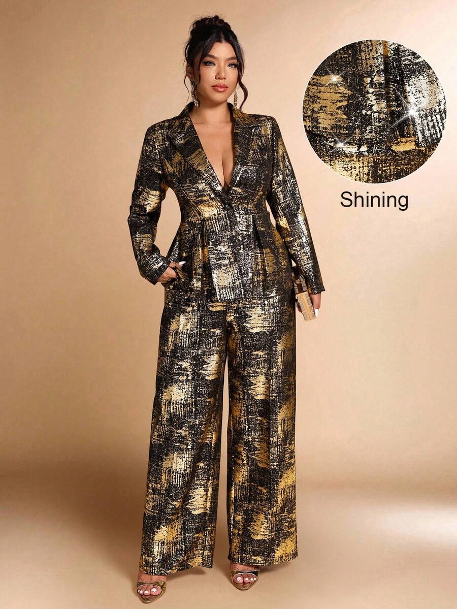 Cravure Christmas Plus Size Women Metallic Foil Elegant Suit Set, Suitable For Party And Office, Autumn/Winter - Multicolor - View 1