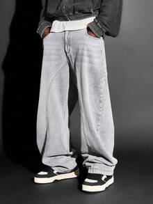 SUMWON 纯棉高级阔腿宽松牛仔裤，街头风高腰灯笼裤，独特褪色设计，纯色 - 灰色 - 查看 2