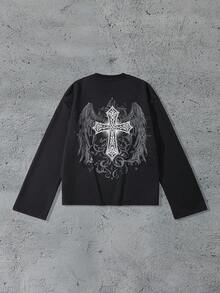 ROMWE MEN Goth Men's Wing & Cross Print Casual Pullover Sweatshirt, For Fall - Black - View 1