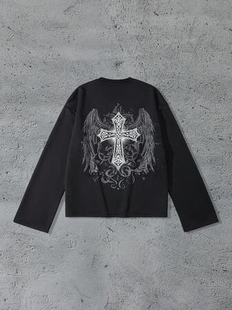 Street Life Sweat-shirt-shirt décontracté à imprimé aile et croix pour homme, pour l'automne