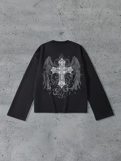 Street Life Felpa casual da uomo con stampa di ali e croci, adatta per l'autunno