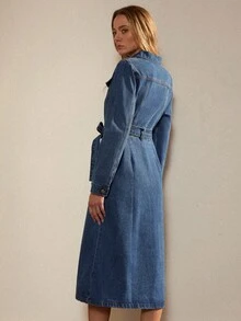 Écloséra Fake Pocket-Breasted Belted Denim Dress - Blue - View 2