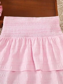 Tween Girls' Ruched Waist Double Ruffle Skirt, Sweet & Elegant, High Waist Design, Ruffle Details, Double Ruffle Hem, Soft - Pink - View 6