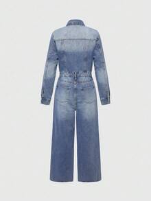 ROMWE Grunge Punk Women's Front Button Long Sleeve Pockets Casual Denim Jumpsuit - Blue - View 2