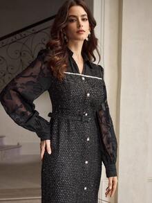 ZEYLAH Vestido feminino de tweed com recortes e patchwork, cintura marcada e corte em A - Preto - Ver 5