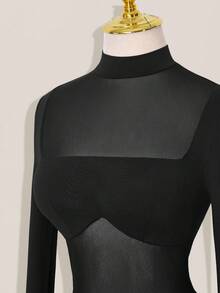 SHEIN ICON Mesh Patchwork Sheer Ruched Long Sleeve Mini Dress